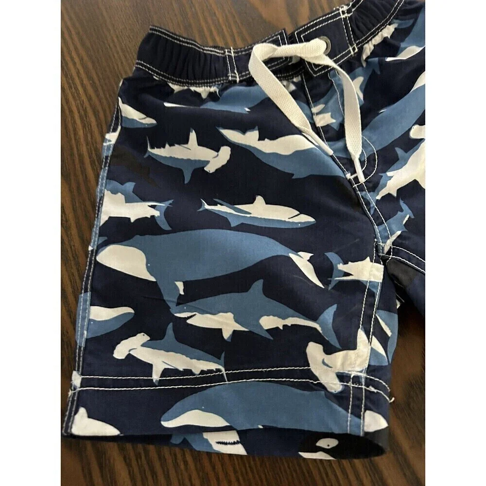 Hanna Andersson Shark Print Swim Shorts‎ Sz 2 / 80 cm Blue White Trunks toddler